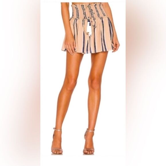 HEMANT & NANDITA Sand Tan Nautical Striped Silk Drawstring Mini Skirt - Picture 2 of 11
